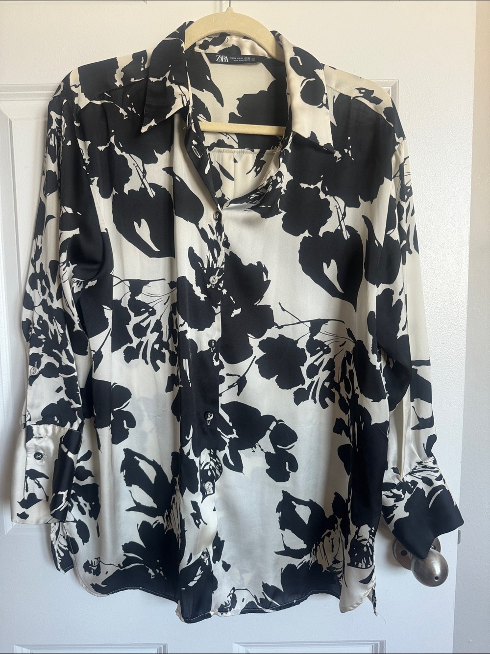 ZARA Black and White Floral Satin Button-Down Shirt